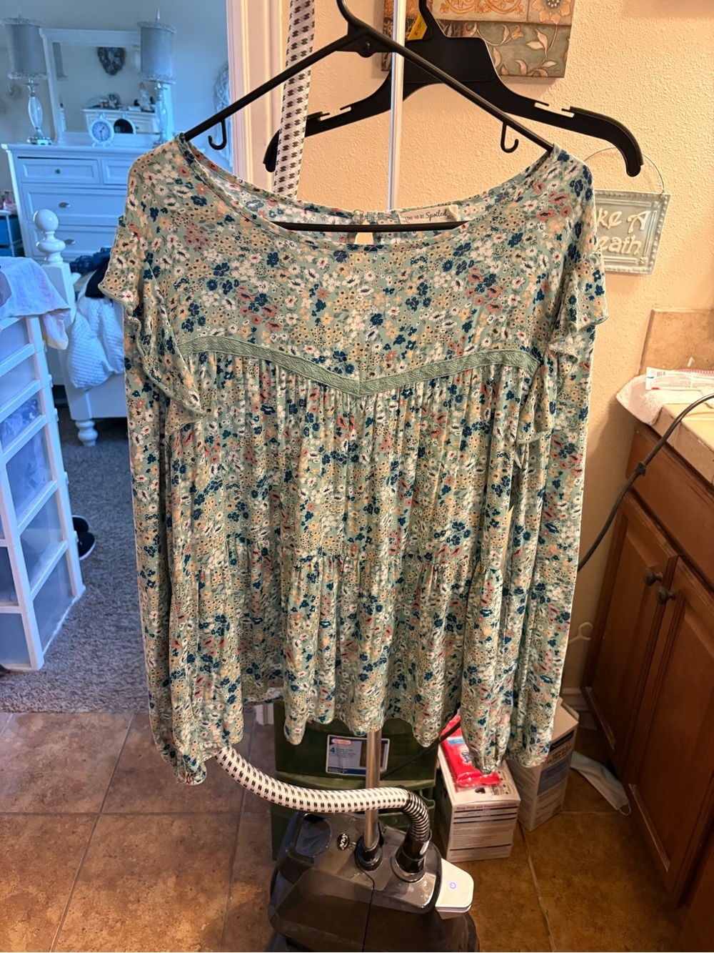 Light Blue Floral Peasant Blouse with Lace Yoke - Women